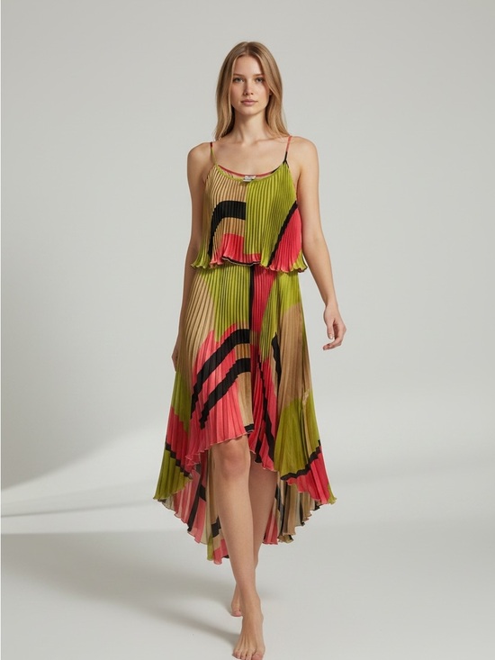 Cache Dresses & Skirts - Cache Pleated Hi‑Low Spaghetti Strap Dress in Lime Green, Coral and Black
